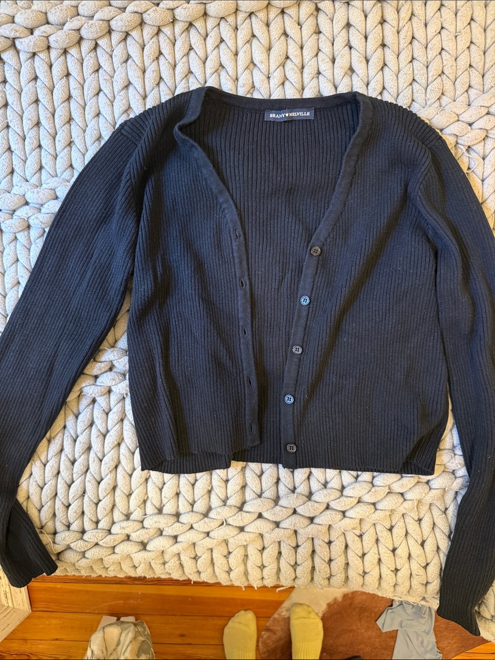Brandy Melville Black Ribbed Button-Front Cardigan